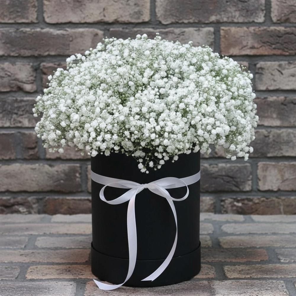 Цветочная композиция из Гипсофила в шляпной коробке в Первомайском Ставропольского края