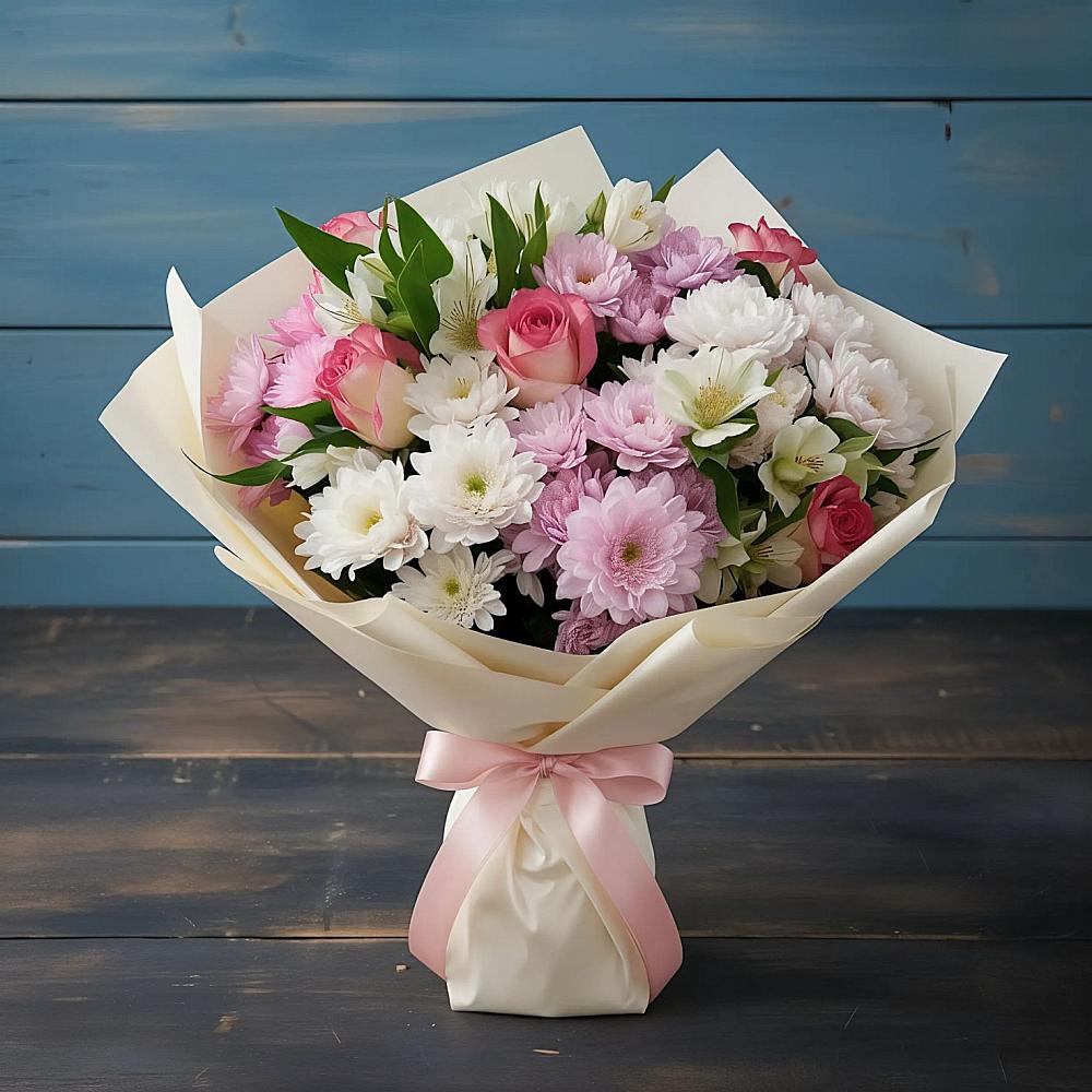 Букет цветов из: Хризантемы, Альстромерии и Розы в Первомайском Ставропольского края